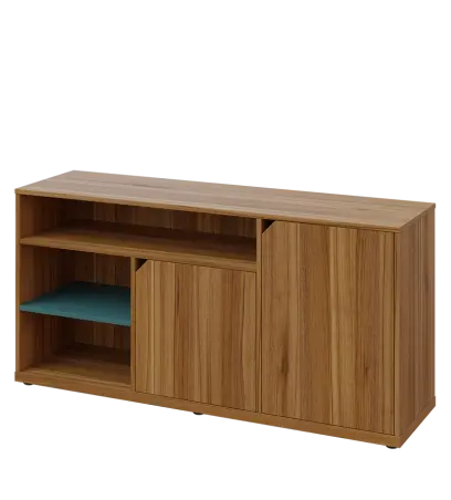 KU2-15DN3 L skříňka nízka 2-dvéřová, niky, 740x1522x400 mm, provedení levé, korpus a dvířka ořech světlý/police světle petrolejová