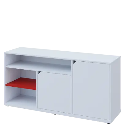 KU2-15DN3 L skříňka nízka 2-dvéřová, niky, 740x1522x400 mm, provedení levé, korpus a dvířka bílá sněžná/police červená