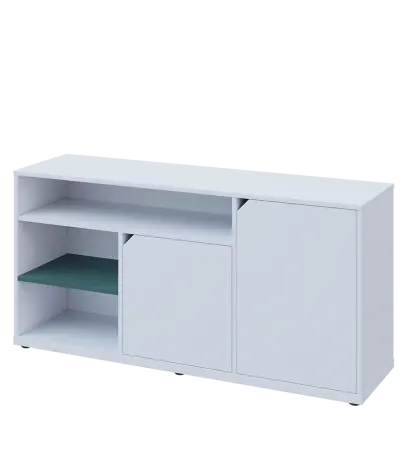 KU2-15DN3 L skříňka nízka 2-dvéřová, niky, 740x1522x400 mm, provedení levé, korpus a dvířka bílá sněžná/police světle petrolejová