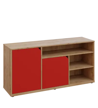 KU2-15DN3 P skříňka nízka 2-dvéřová, niky, 740x1522x400 mm, provedení pravé, dub lite/červená