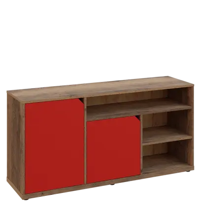 KU2-15DN3 P skříňka nízka 2-dvéřová, niky, 740x1522x400 mm, provedení pravé, dub halifax cínový/červená