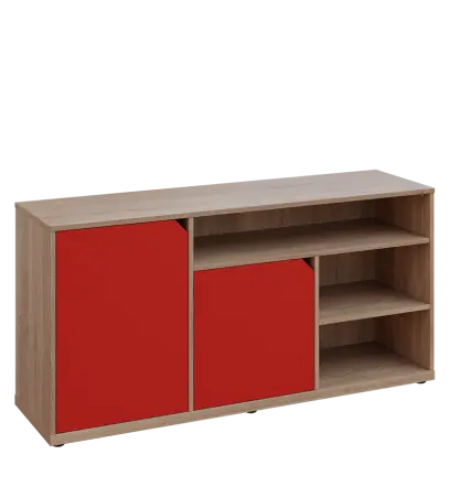 KU2-15DN3 P skříňka nízka 2-dvéřová, niky, 740x1522x400 mm, provedení pravé, dub bardolino/červená