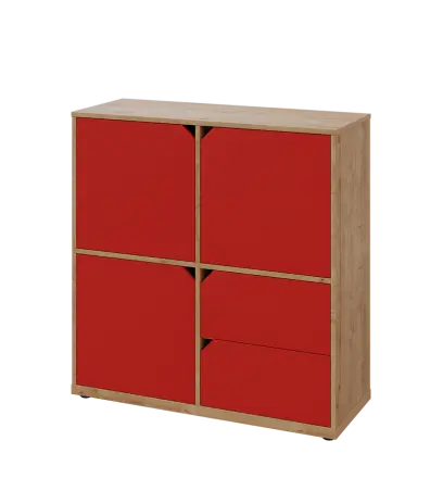 KU3-10DZ2 L skříňka 3-dvéřová, zásuvky, 1054x1022x400 mm, provedení levé, dub lite/červená