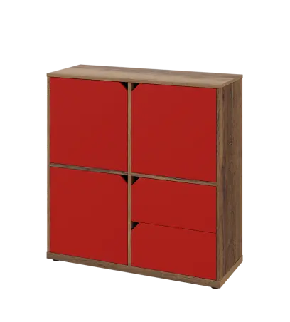 KU3-10DZ2 L skříňka 3-dvéřová, zásuvky, 1054x1022x400 mm, provedení levé, dub halifax cínový/červená