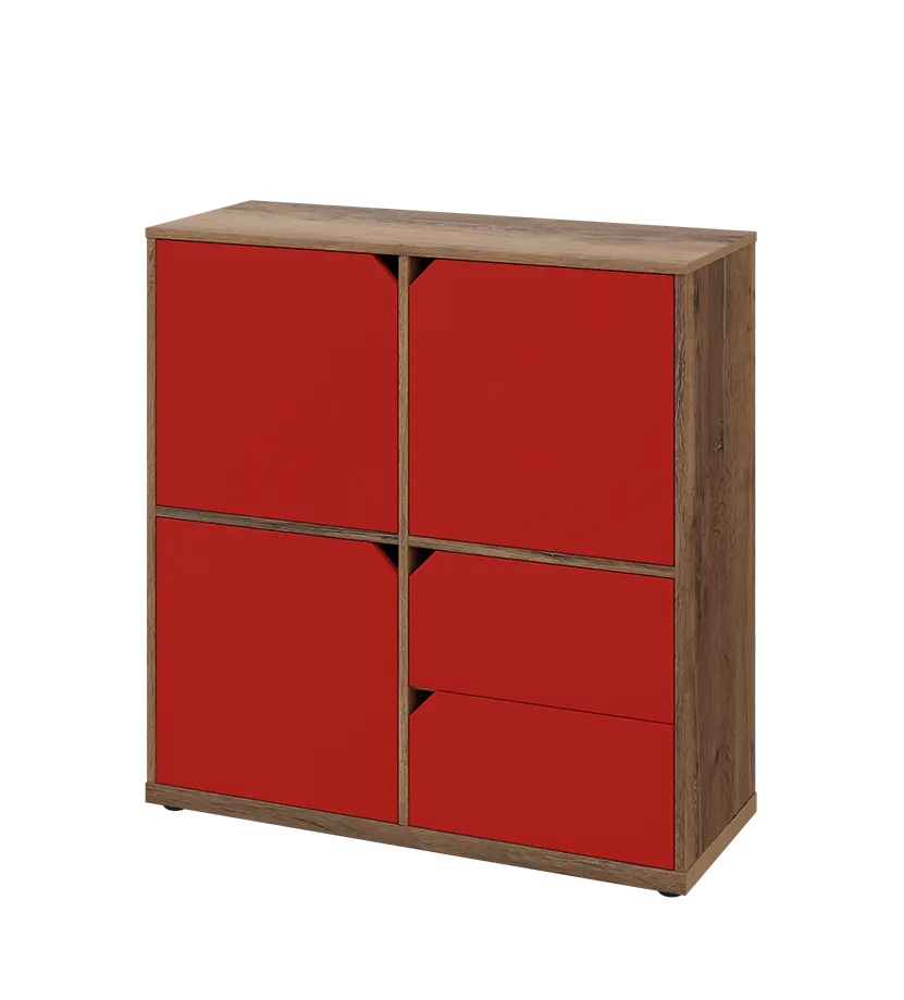 KU3-10DZ2 L skříňka 3-dvéřová, zásuvky, 1054x1022x400 mm, provedení levé, dub halifax cínový/červená