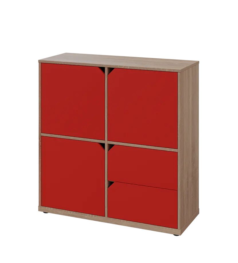 KU3-10DZ2 L skříňka 3-dvéřová, zásuvky, 1054x1022x400 mm, provedení levé, dub bardolino/červená