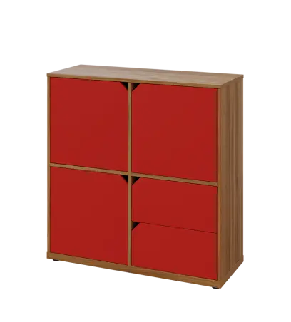 KU3-10DZ2 L skříňka 3-dvéřová, zásuvky, 1054x1022x400 mm, provedení levé, ořech světlý/červená