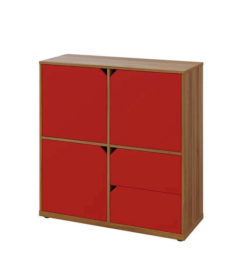 KU3-10DZ2 L skříňka 3-dvéřová, zásuvky, 1054x1022x400 mm, provedení levé, ořech světlý/červená