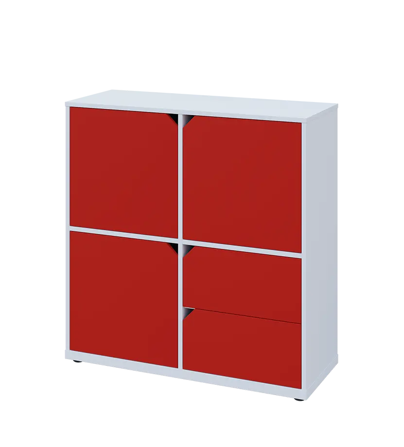 KU3-10DZ2 L skříňka 3-dvéřová, zásuvky, 1054x1022x400 mm, provedení levé, bílá sněžná/červená