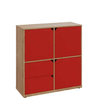 KU3-10DZ2 P skříňka 3-dvéřová, zásuvky, 1054x1022x400 mm, provedení pravé, dub lite/červená