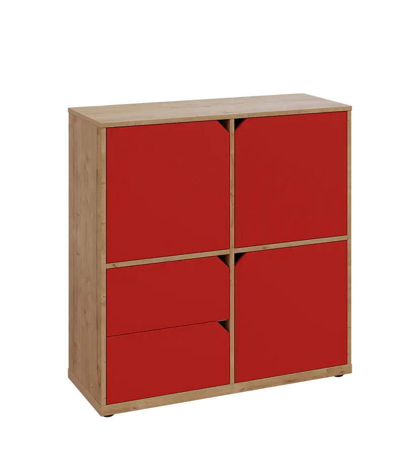 KU3-10DZ2 P skříňka 3-dvéřová, zásuvky, 1054x1022x400 mm, provedení pravé, dub lite/červená