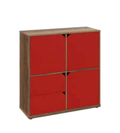 KU3-10DZ2 P skříňka 3-dvéřová, zásuvky, 1054x1022x400 mm, provedení pravé, dub halifax cínový/červená