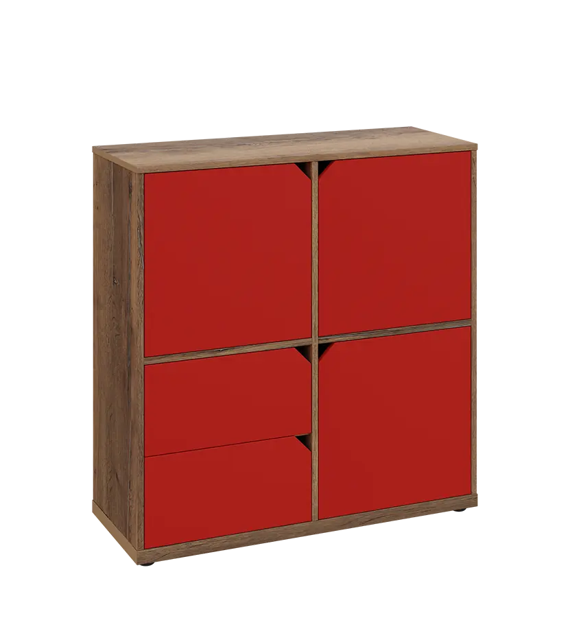 KU3-10DZ2 P skříňka 3-dvéřová, zásuvky, 1054x1022x400 mm, provedení pravé, dub halifax cínový/červená