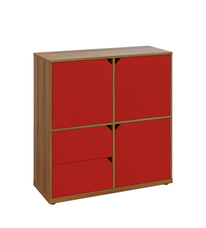 KU3-10DZ2 P skříňka 3-dvéřová, zásuvky, 1054x1022x400 mm, provedení pravé, ořech světlý/červená