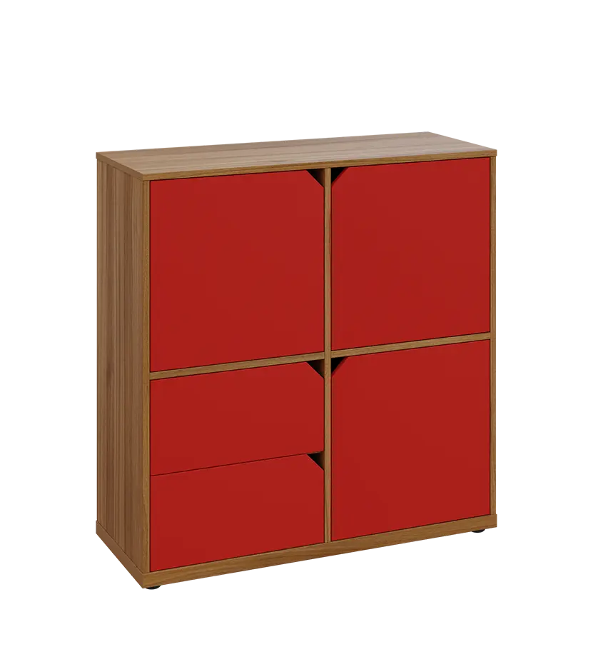 KU3-10DZ2 P skříňka 3-dvéřová, zásuvky, 1054x1022x400 mm, provedení pravé, ořech světlý/červená