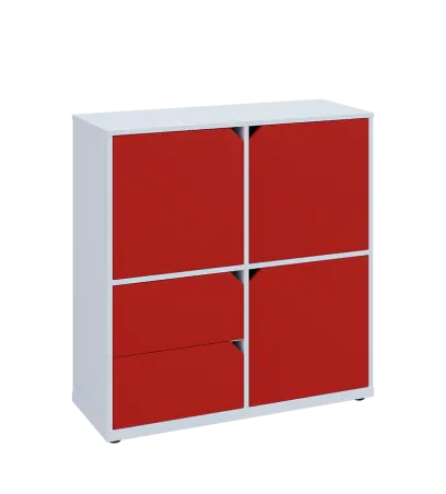 KU3-10DZ2 P skříňka 3-dvéřová, zásuvky, 1054x1022x400 mm, provedení pravé, bílá sněžná/červená