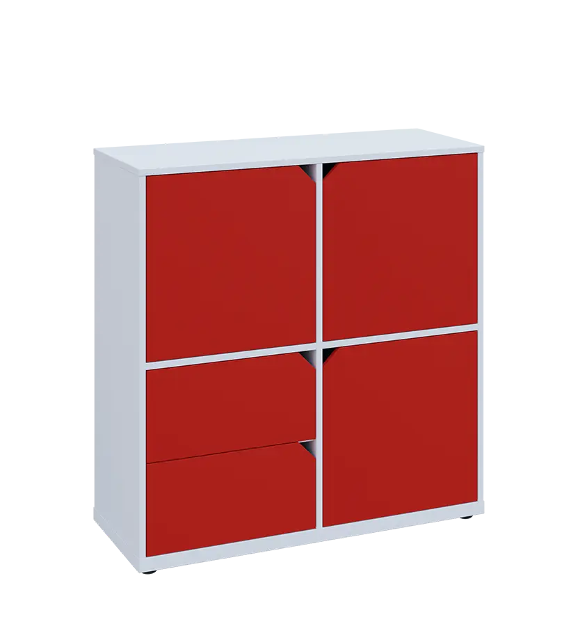 KU3-10DZ2 P skříňka 3-dvéřová, zásuvky, 1054x1022x400 mm, provedení pravé, bílá sněžná/červená