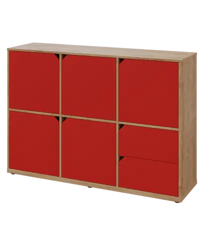 KU3-15DZ2 L skříňka 5-dvéřová, zásuvky, 1054x1522x400 mm, provedení levé, dub lite/červená