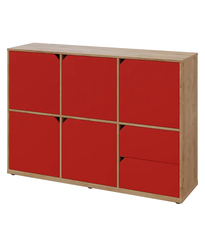 KU3-15DZ2 L skříňka 5-dvéřová, zásuvky, 1054x1522x400 mm, provedení levé, dub lite/červená