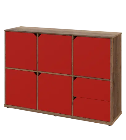 KU3-15DZ2 L skříňka 5-dvéřová, zásuvky, 1054x1522x400 mm, provedení levé, dub halifax cínový/červená