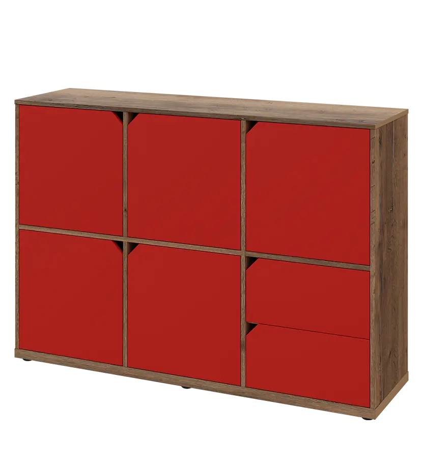 KU3-15DZ2 L skříňka 5-dvéřová, zásuvky, 1054x1522x400 mm, provedení levé, dub halifax cínový/červená