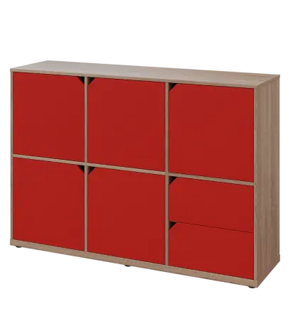 KU3-15DZ2 L skříňka 5-dvéřová, zásuvky, 1054x1522x400 mm, provedení levé, dub bardolino/červená