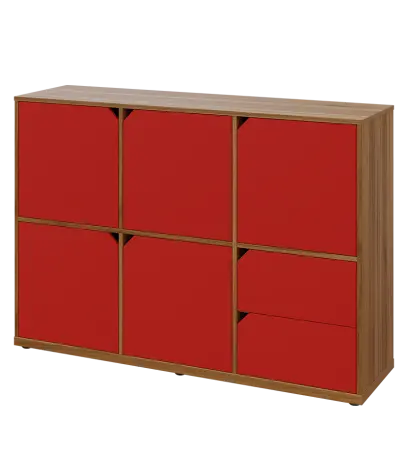 KU3-15DZ2 L skříňka 5-dvéřová, zásuvky, 1054x1522x400 mm, provedení levé, ořech světlý/červená