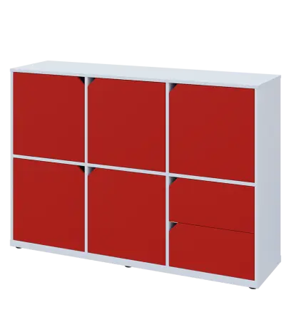 KU3-15DZ2 L skříňka 5-dvéřová, zásuvky, 1054x1522x400 mm, provedení levé, bílá sněžná/červená