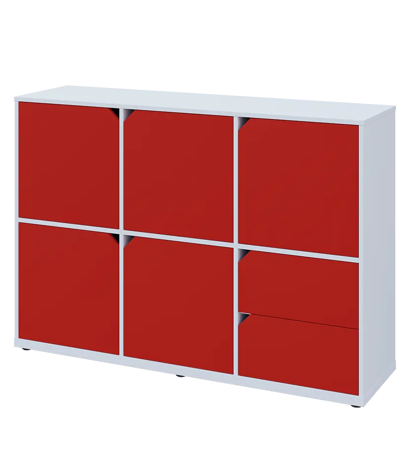 KU3-15DZ2 L skříňka 5-dvéřová, zásuvky, 1054x1522x400 mm, provedení levé, bílá sněžná/červená