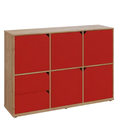 KU3-15DZ2 P skříňka 5-dvéřová, zásuvky, 1054x1522x400 mm, provedení pravé, dub lite/červená