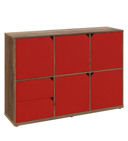 KU3-15DZ2 P skříňka 5-dvéřová, zásuvky, 1054x1522x400 mm, provedení pravé, dub halifax cínový/červená