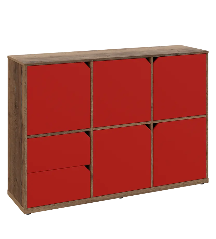 KU3-15DZ2 P skříňka 5-dvéřová, zásuvky, 1054x1522x400 mm, provedení pravé, dub halifax cínový/červená