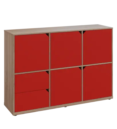 KU3-15DZ2 P skříňka 5-dvéřová, zásuvky, 1054x1522x400 mm, provedení pravé, dub bardolino/červená