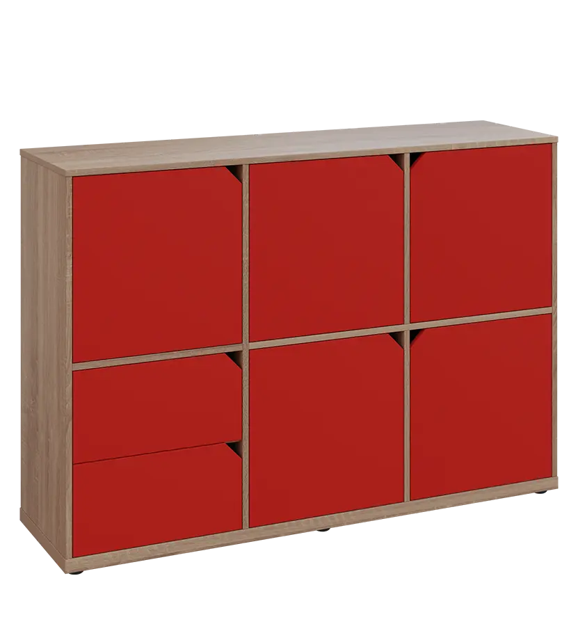 KU3-15DZ2 P skříňka 5-dvéřová, zásuvky, 1054x1522x400 mm, provedení pravé, dub bardolino/červená