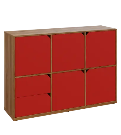 KU3-15DZ2 P skříňka 5-dvéřová, zásuvky, 1054x1522x400 mm, provedení pravé, ořech světlý/červená