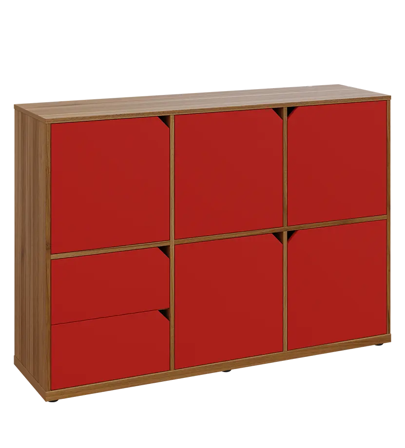 KU3-15DZ2 P skříňka 5-dvéřová, zásuvky, 1054x1522x400 mm, provedení pravé, ořech světlý/červená