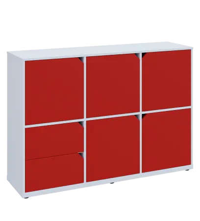 KU3-15DZ2 P skříňka 5-dvéřová, zásuvky, 1054x1522x400 mm, provedení pravé, bílá sněžná/červená