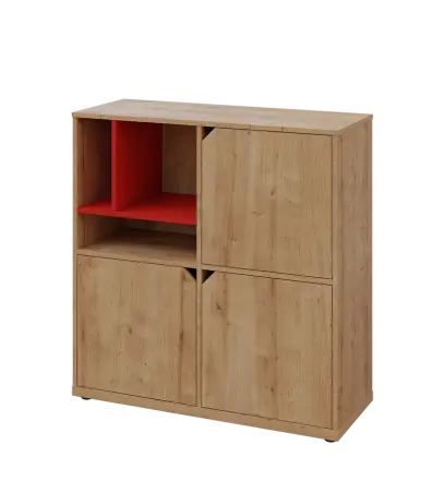 KU3-10DN3 L skříňka 3-dvéřová, niky, 1054x1022x400 mm, provedení levé, korpus a dvířka dub lite/police červená