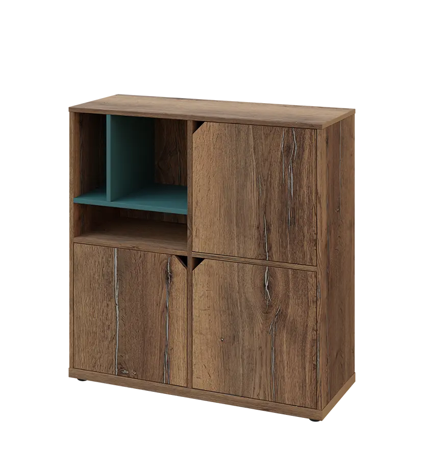 KU3-10DN3 L skříňka 3-dvéřová, niky, 1054x1022x400 mm, provedení levé, korpus a dvířka dub halifax cínový/police světle petrolejová