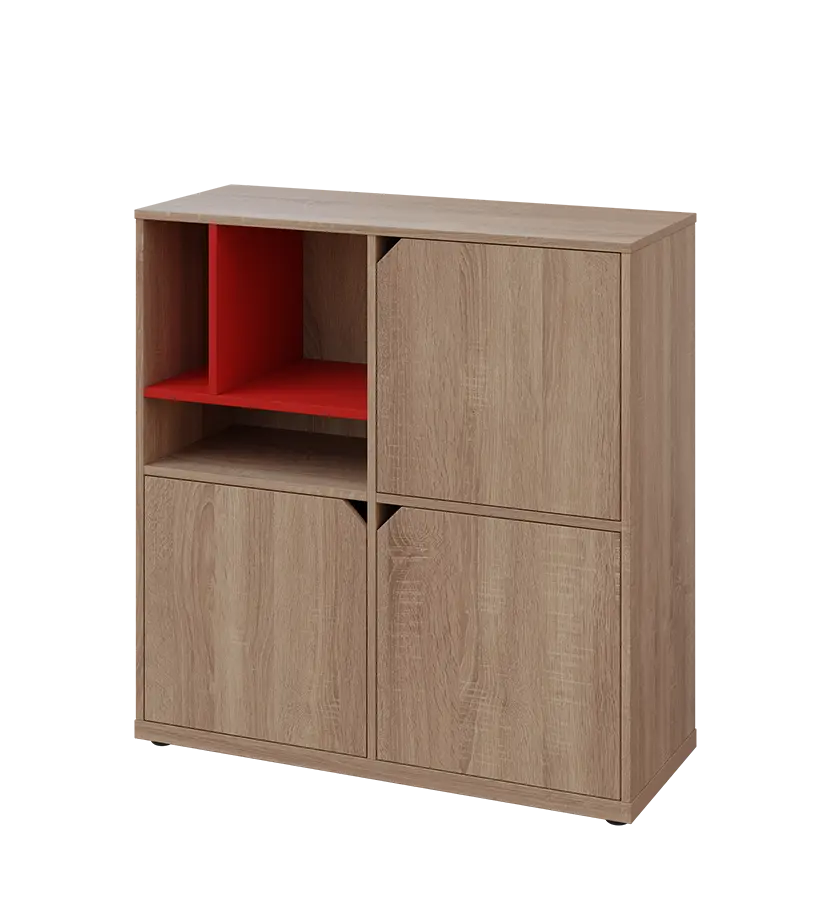 KU3-10DN3 L skříňka 3-dvéřová, niky, 1054x1022x400 mm, provedení levé, korpus a dvířka dub bardolino/police červená