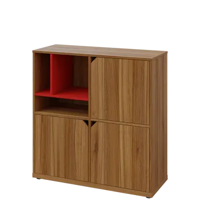 KU3-10DN3 L skříňka 3-dvéřová, niky, 1054x1022x400 mm, provedení levé, korpus a dvířka ořech světlý/police červená
