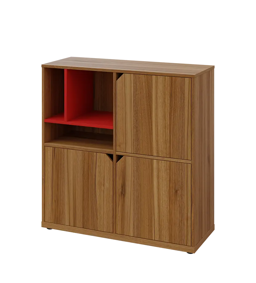KU3-10DN3 L skříňka 3-dvéřová, niky, 1054x1022x400 mm, provedení levé, korpus a dvířka ořech světlý/police červená