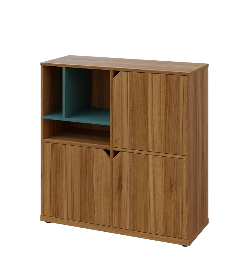 KU3-10DN3 L skříňka 3-dvéřová, niky, 1054x1022x400 mm, provedení levé, korpus a dvířka ořech světlý/police světle petrolejová