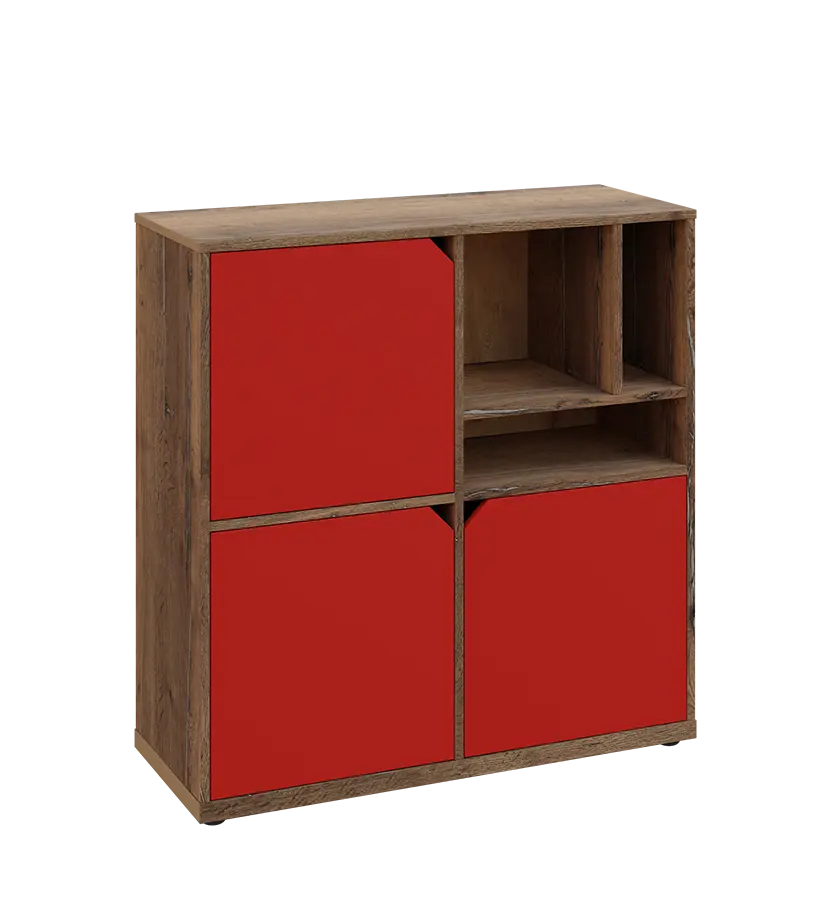 KU3-10DN3 P skříňka 3-dvéřová, niky, 1054x1022x400 mm, provedení pravé, dub halifax cínový/červená