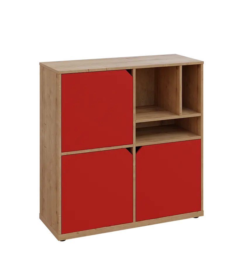 KU3-10DN3 P skříňka 3-dvéřová, niky, 1054x1022x400 mm, provedení pravé, dub lite/červená