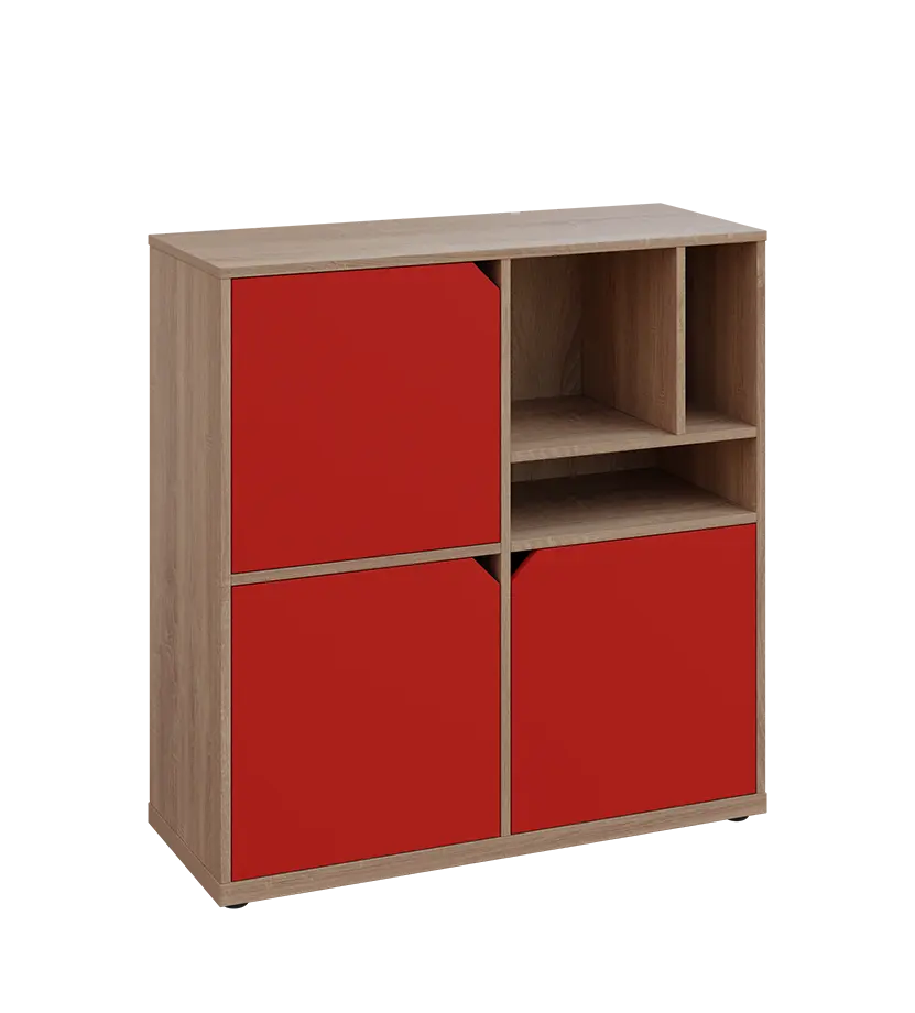 KU3-10DN3 P skříňka 3-dvéřová, niky, 1054x1022x400 mm, provedení pravé, dub bardolino/červená