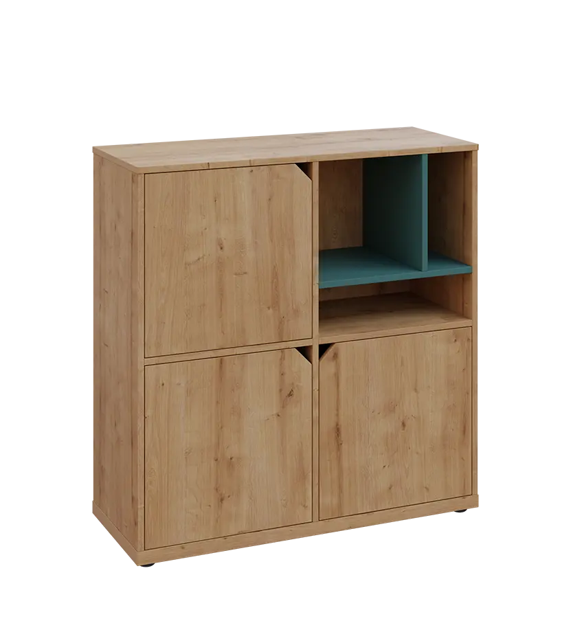 KU3-10DN3 P skříňka 3-dvéřová, niky, 1054x1022x400 mm, provedení pravé, korpus a dvířka dub lite/police světle petrolejová