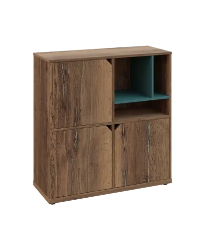 KU3-10DN3 P skříňka 3-dvéřová, niky, 1054x1022x400 mm, provedení pravé, korpus a dvířka dub halifax cínový/police světle petrolejová