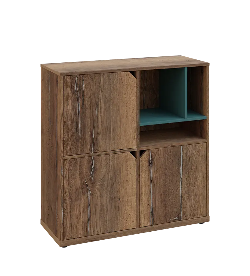 KU3-10DN3 P skříňka 3-dvéřová, niky, 1054x1022x400 mm, provedení pravé, korpus a dvířka dub halifax cínový/police světle petrolejová