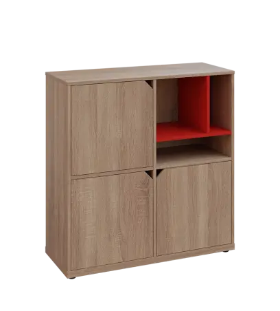 KU3-10DN3 P skříňka 3-dvéřová, niky, 1054x1022x400 mm, provedení pravé, korpus a dvířka dub bardolino/police červená